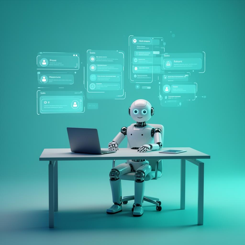 Friendly AI robot employee working at a desk with holographic task panels